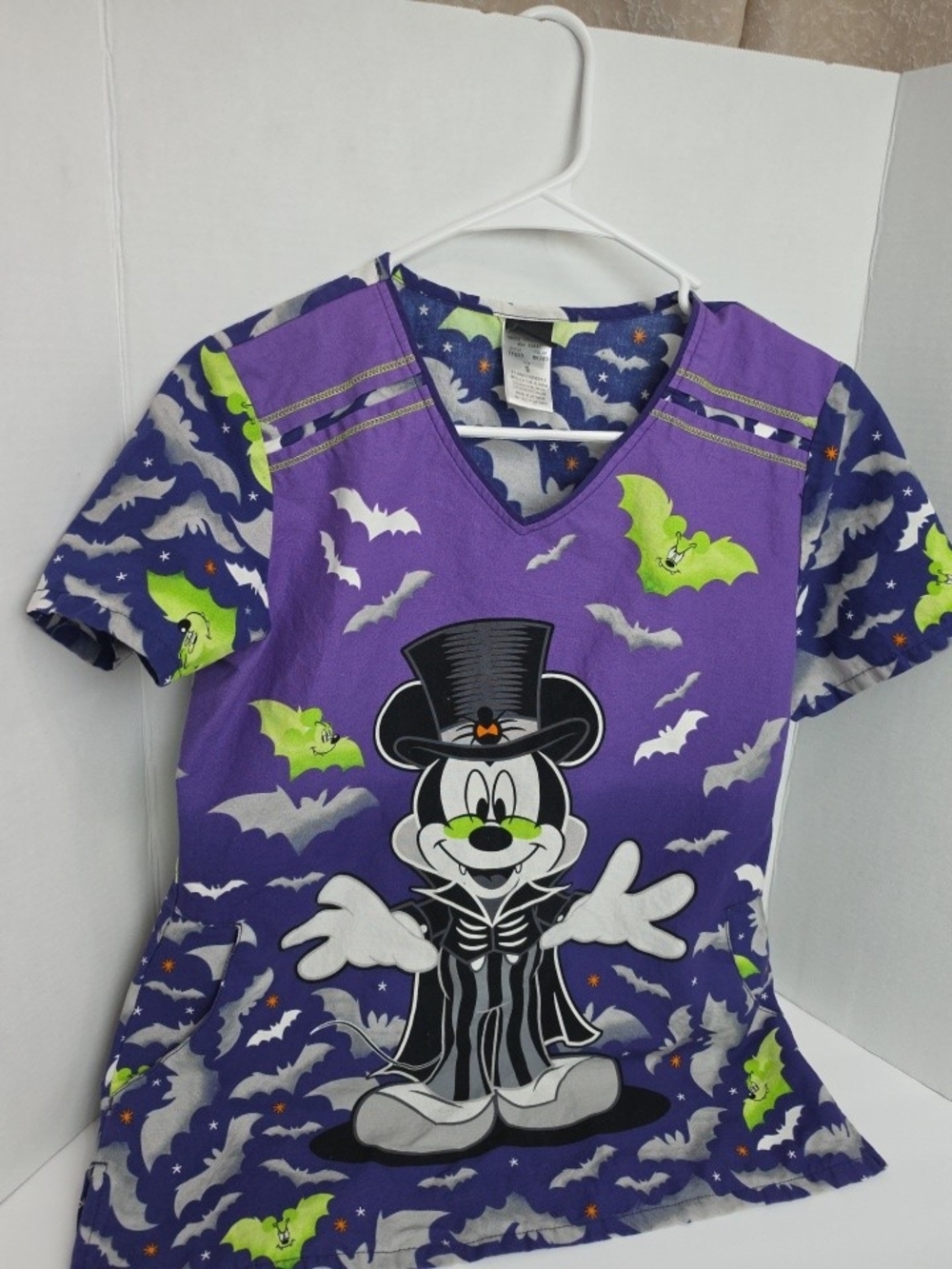 Disney Purple Mickey Vampire Halloween Top with Neon Green Bat Accents